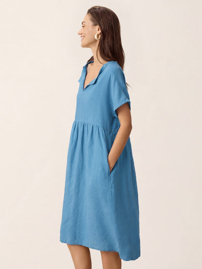 Linen Gathered-Hem Split-Neck Mini Dress SYDNEY