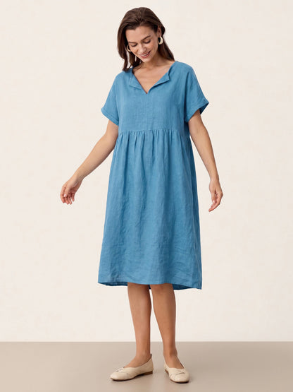 Linen Gathered-Hem Split-Neck Mini Dress SYDNEY