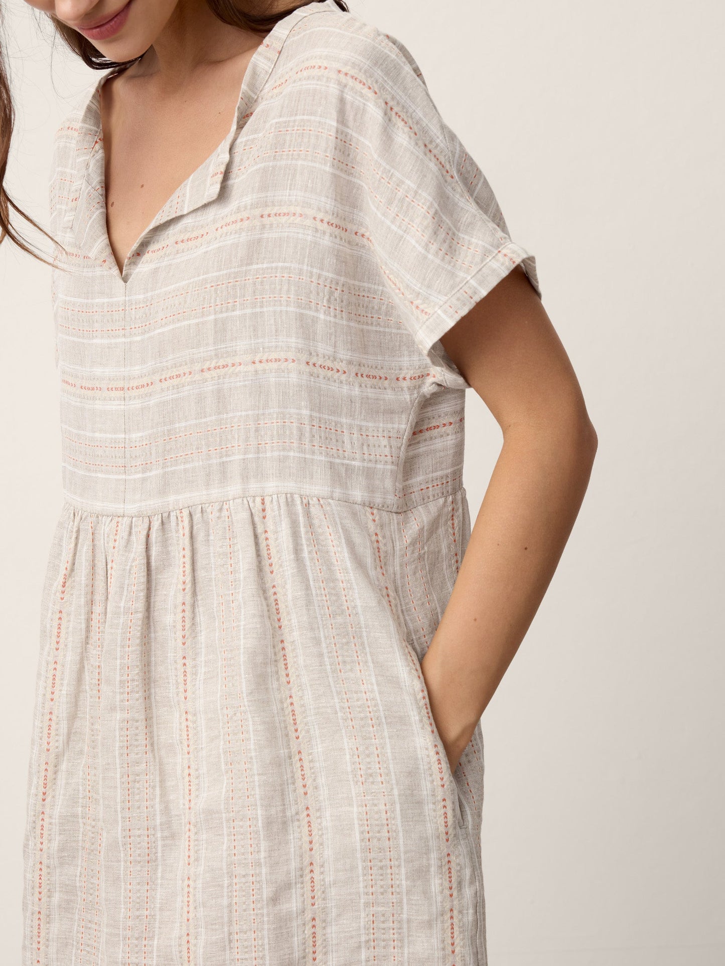 Linen Gathered-Hem Split-Neck Mini Dress SYDNEY