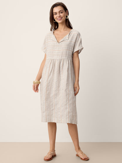 Linen Gathered-Hem Split-Neck Mini Dress SYDNEY