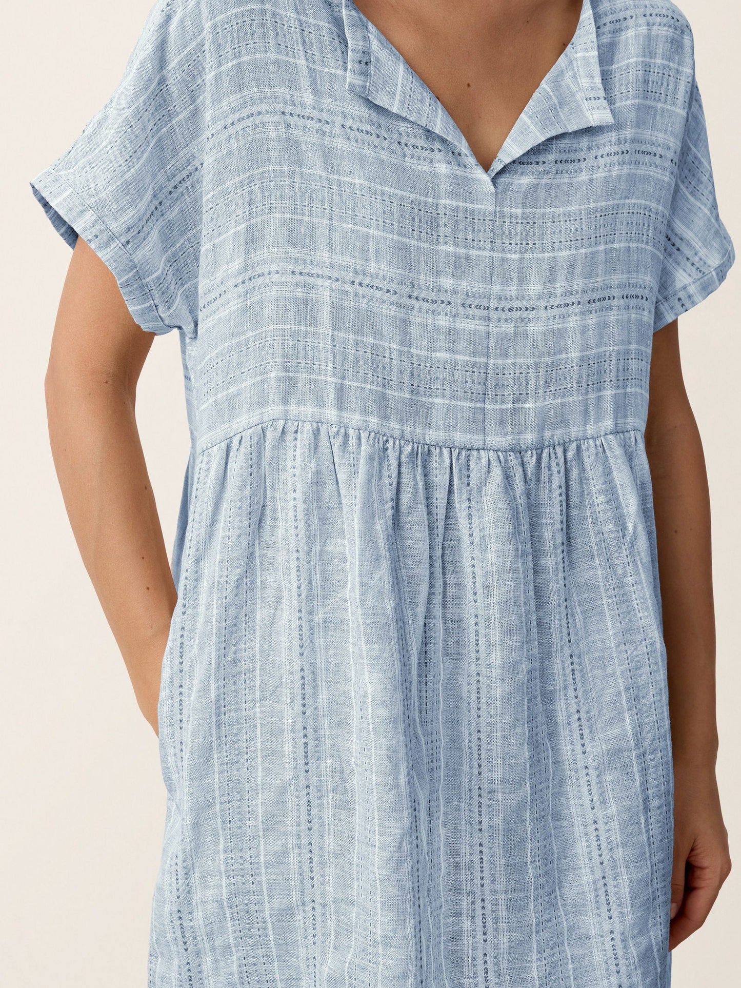 Linen Gathered-Hem Split-Neck Mini Dress SYDNEY