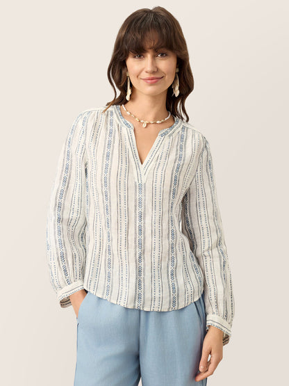 Linen Tribal Stripe Split Neck Bohemian Blouse KERENZA