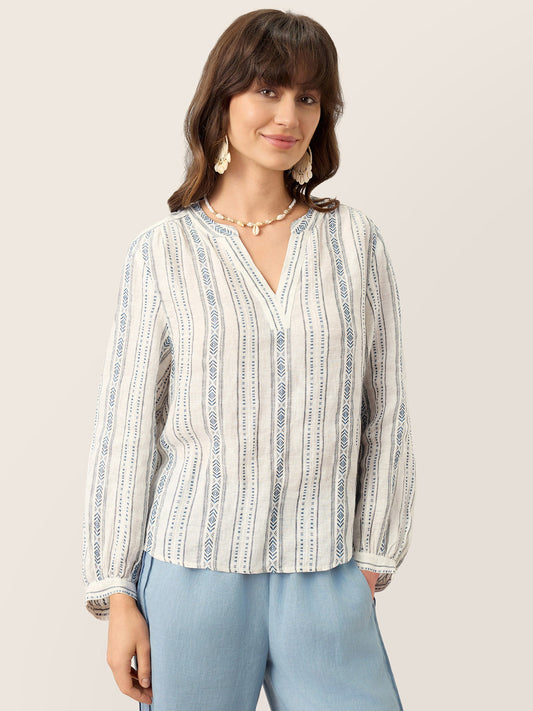 Linen Tribal Stripe Split Neck Bohemian Blouse KERENZA
