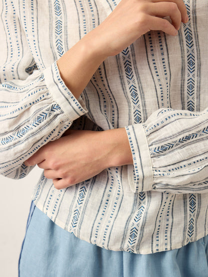 Linen Tribal Stripe Split Neck Bohemian Blouse KERENZA