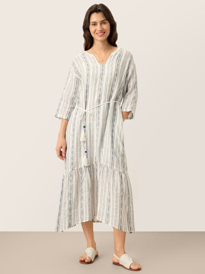 Linen Tribal Stripe Split Neck Bohemian Ruffle Midi Dress with Woven Belt and Slip MARLOWE