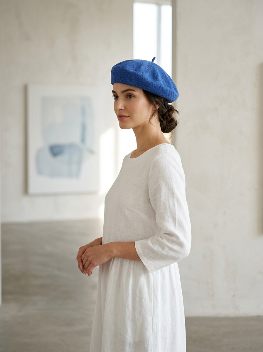Linen Knit Beret Hat for Women Lightweight Breathable Summer Artist Cap