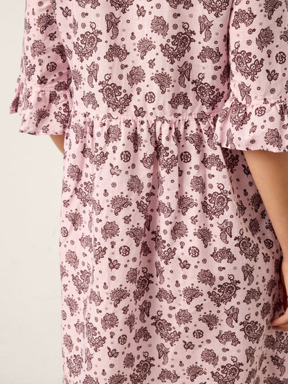 Linen Paisley Pintucked Ruffle-Cuff Midi Dress MAELYN