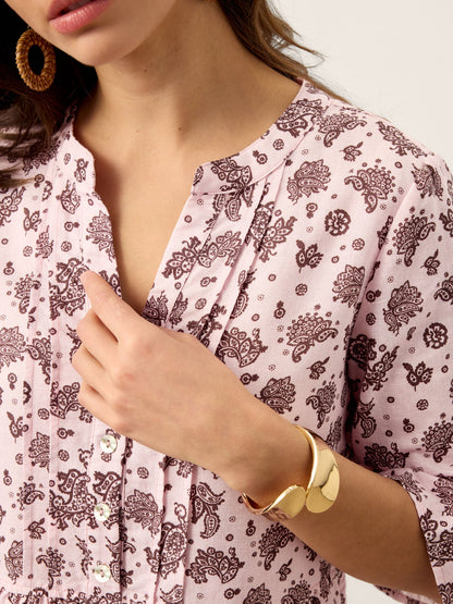 Linen Paisley Pintucked Ruffle-Cuff Midi Dress MAELYN