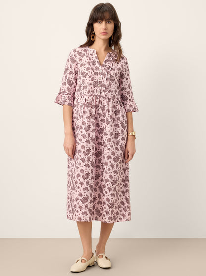 Linen Paisley Pintucked Ruffle-Cuff Midi Dress MAELYN