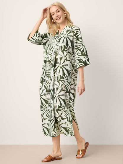 Linen Palm Print Camp Collar Relaxed Midi Shirt Dress MINERVA