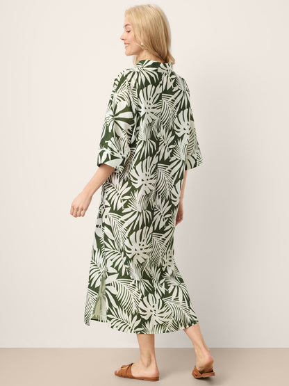 Linen Palm Print Camp Collar Relaxed Midi Shirt Dress MINERVA