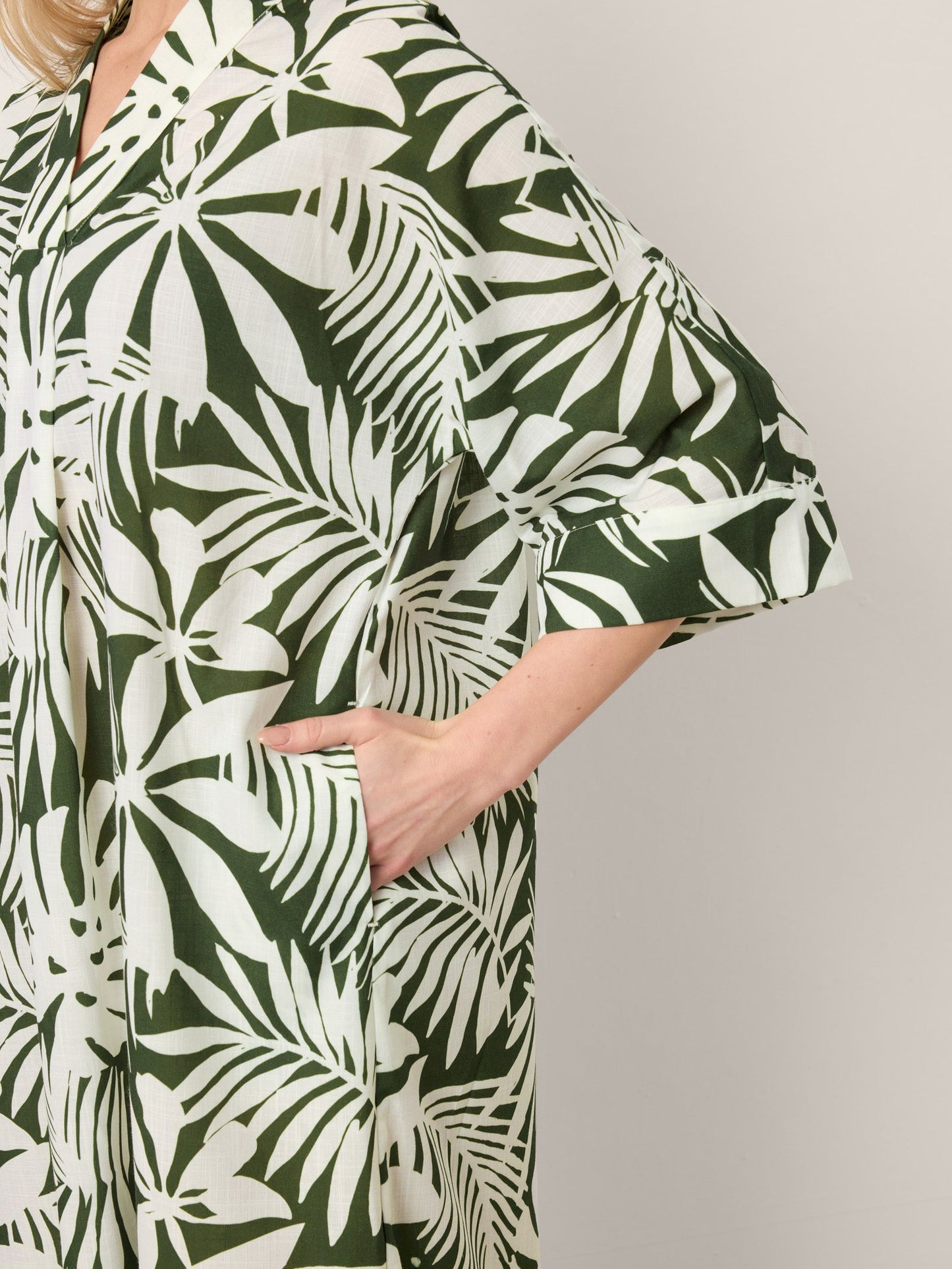 Linen Palm Print Camp Collar Relaxed Midi Shirt Dress MINERVA