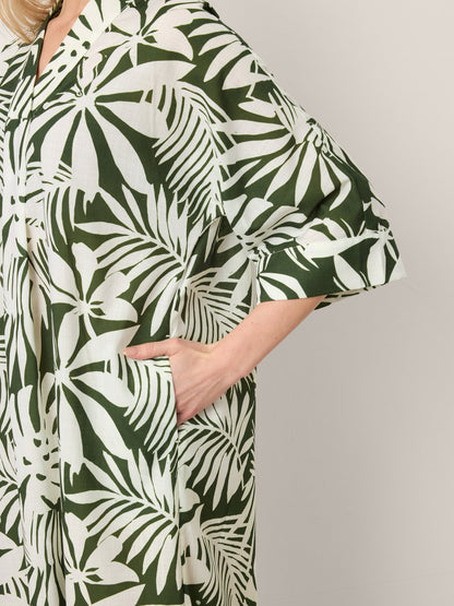 Linen Palm Print Camp Collar Relaxed Midi Shirt Dress MINERVA