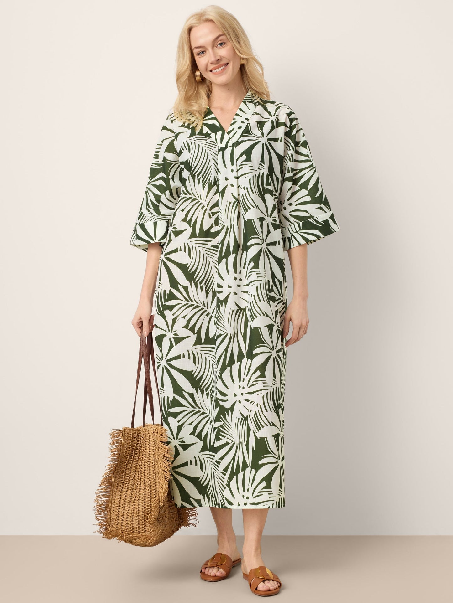 Linen Palm Print Camp Collar Relaxed Midi Shirt Dress MINERVA