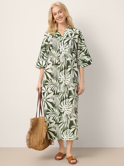 Linen Palm Print Camp Collar Relaxed Midi Shirt Dress MINERVA