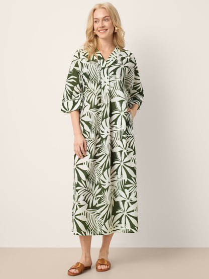 Linen Palm Print Camp Collar Relaxed Midi Shirt Dress MINERVA