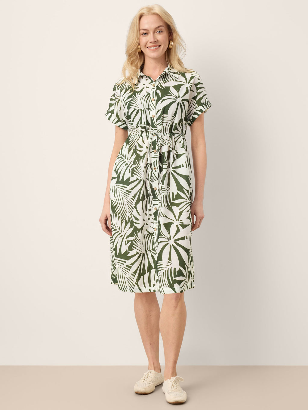 Linen Palm Print Drawstring Waist Cuffed Sleeve Mini Shirt Dress AURELIA