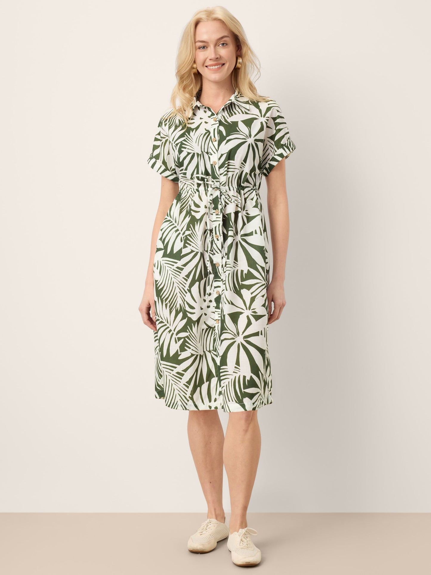 Linen Palm Print Drawstring Waist Cuffed Sleeve Mini Shirt Dress AURELIA