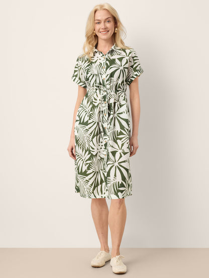 Linen Palm Print Drawstring Waist Cuffed Sleeve Mini Shirt Dress AURELIA
