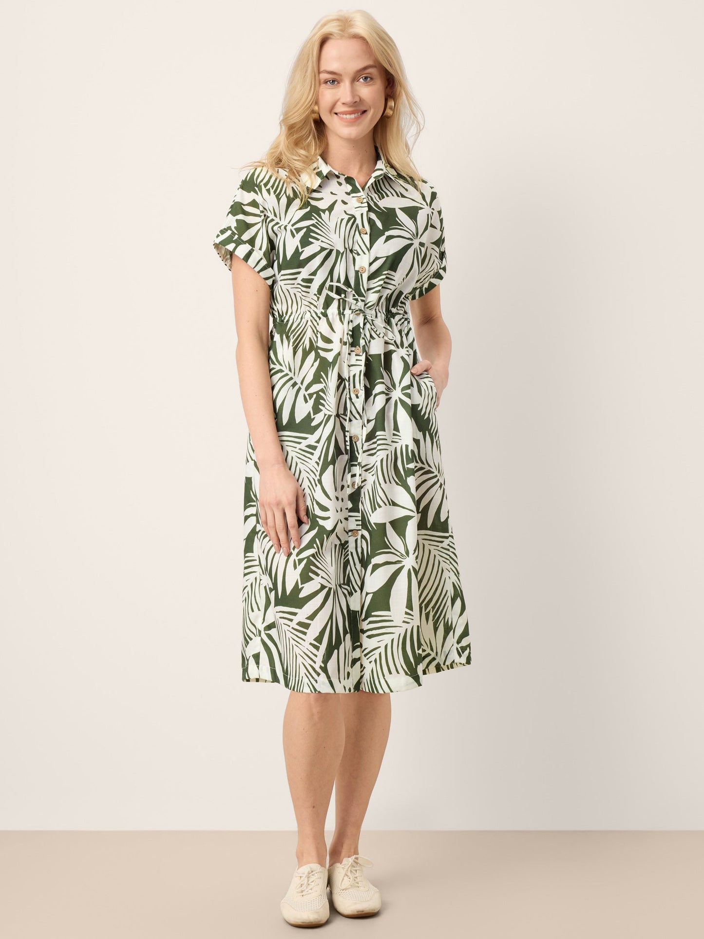 Linen Palm Print Drawstring Waist Cuffed Sleeve Mini Shirt Dress AURELIA