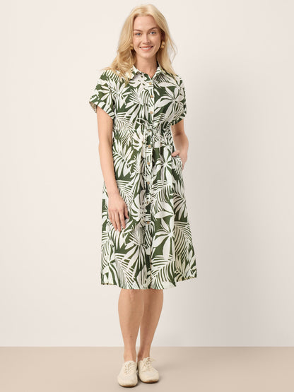 Linen Palm Print Drawstring Waist Cuffed Sleeve Mini Shirt Dress AURELIA