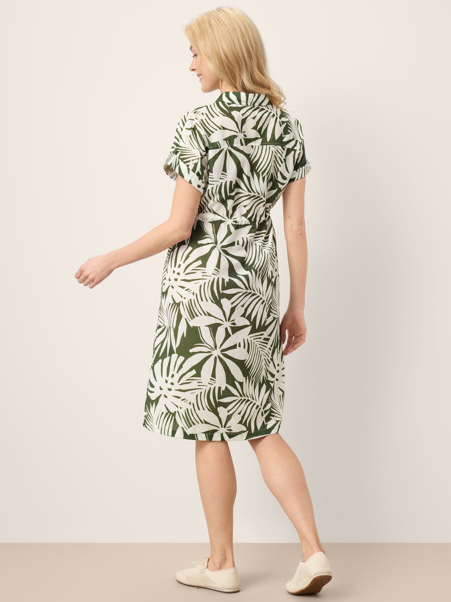 Linen Palm Print Drawstring Waist Cuffed Sleeve Mini Shirt Dress AURELIA