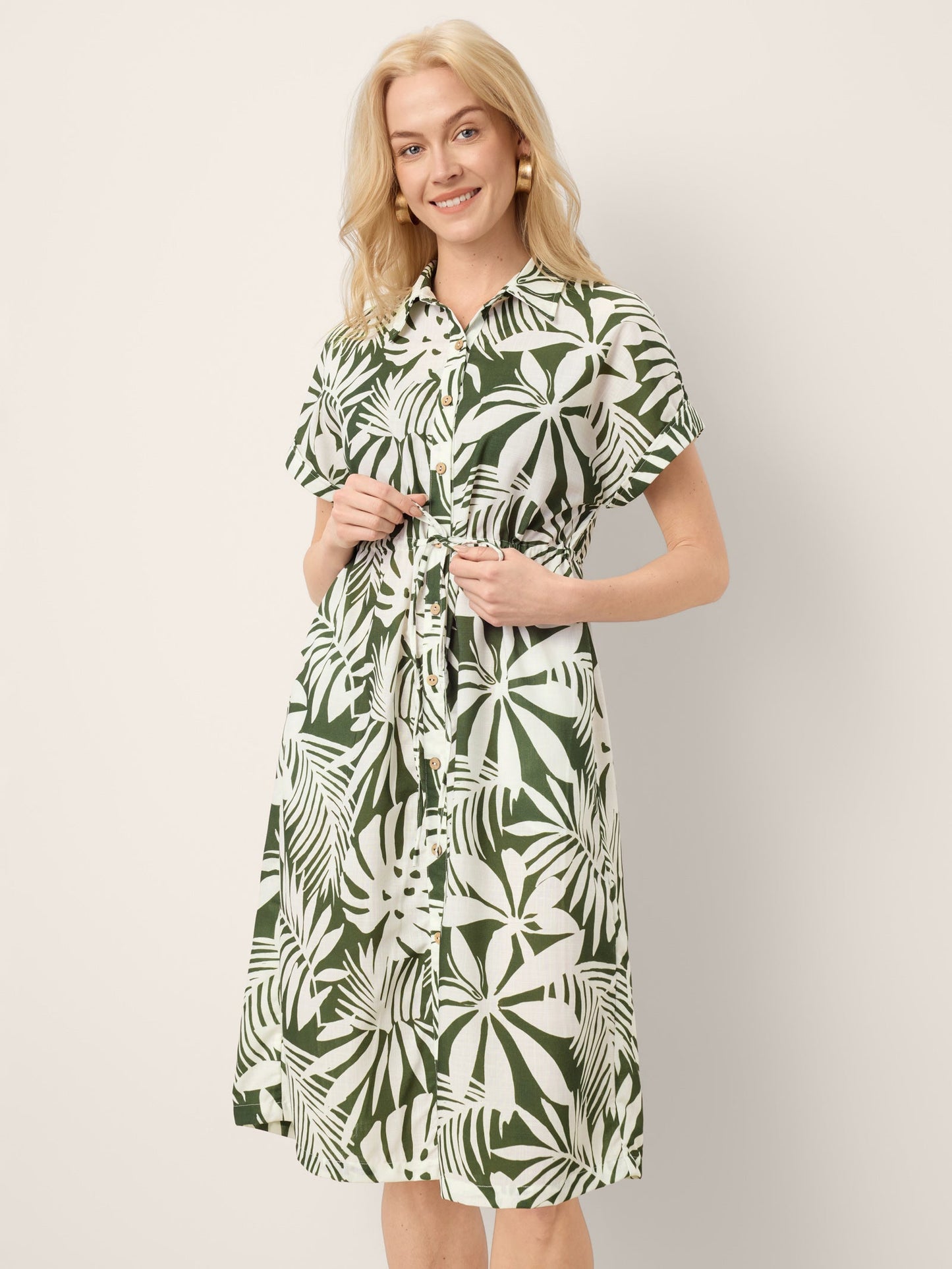 Linen Palm Print Drawstring Waist Cuffed Sleeve Mini Shirt Dress AURELIA