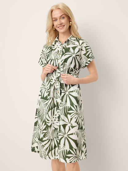Linen Palm Print Drawstring Waist Cuffed Sleeve Mini Shirt Dress AURELIA