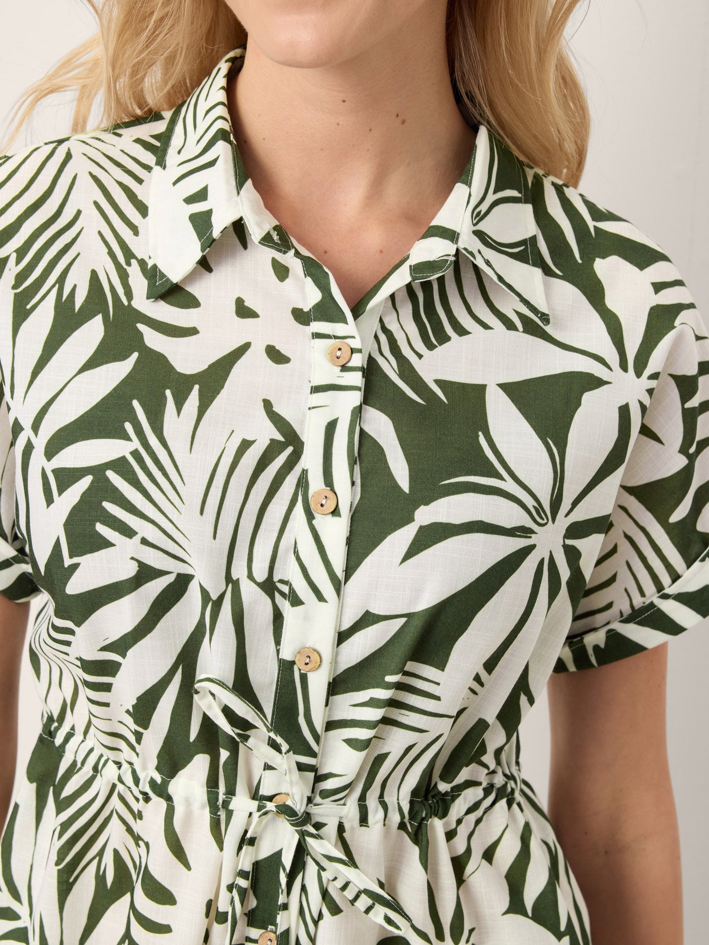 Linen Palm Print Drawstring Waist Cuffed Sleeve Mini Shirt Dress AURELIA