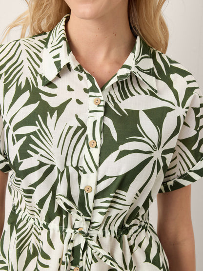 Linen Palm Print Drawstring Waist Cuffed Sleeve Mini Shirt Dress AURELIA