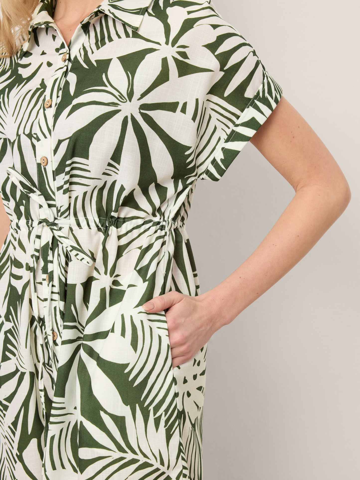 Linen Palm Print Drawstring Waist Cuffed Sleeve Mini Shirt Dress AURELIA