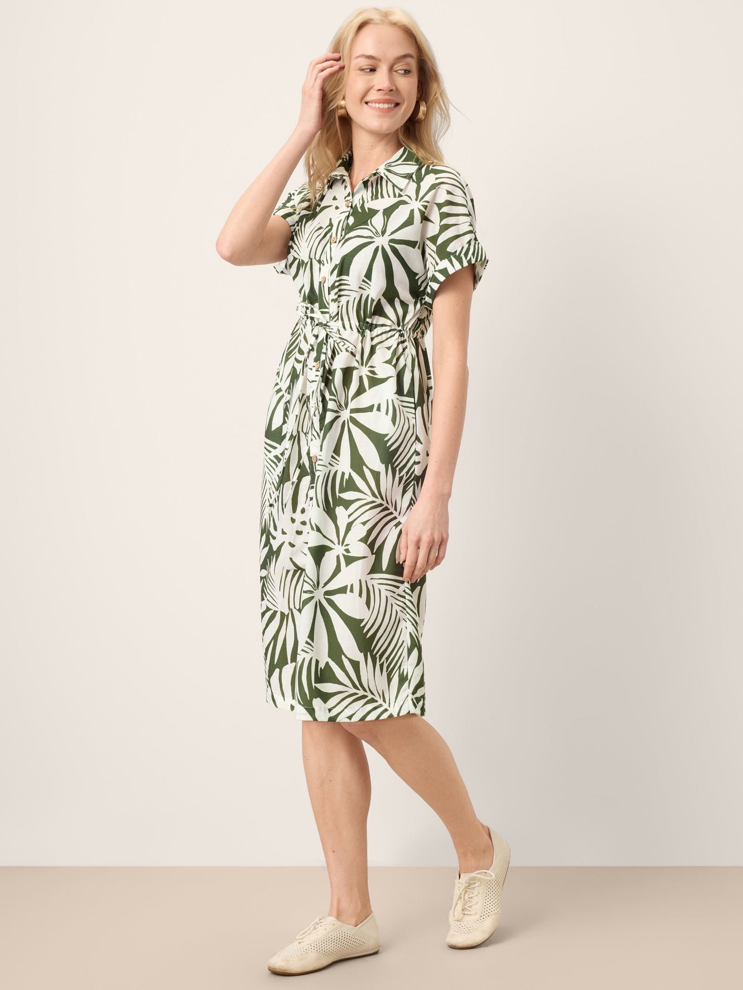 Linen Palm Print Drawstring Waist Cuffed Sleeve Mini Shirt Dress AURELIA