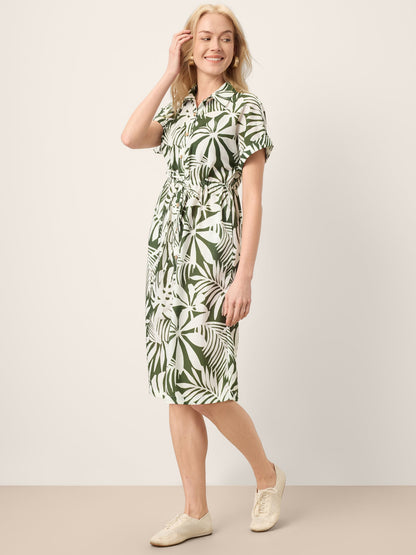 Linen Palm Print Drawstring Waist Cuffed Sleeve Mini Shirt Dress AURELIA