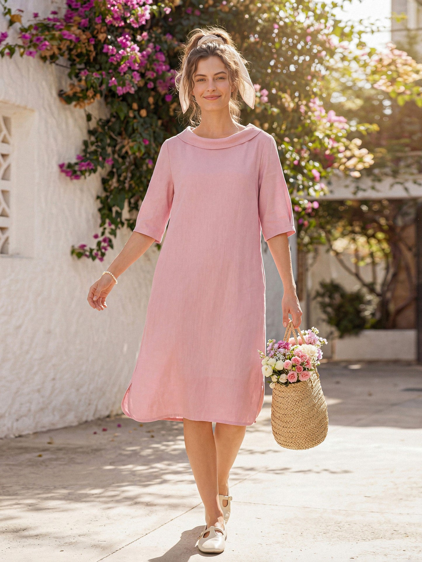 100% Linen Sculpted Bateau Tie-Back Mini Dress SABRINA