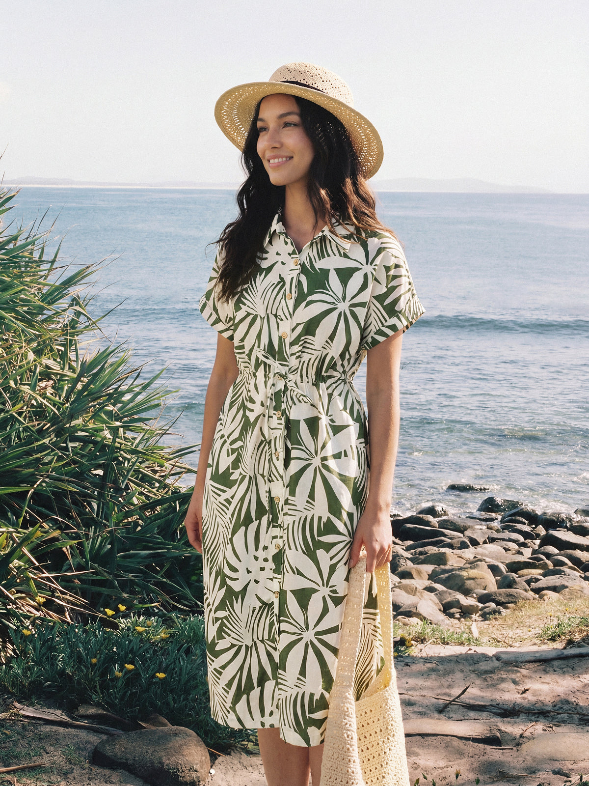 Linen Palm Print Drawstring Waist Cuffed Sleeve Mini Shirt Dress AURELIA