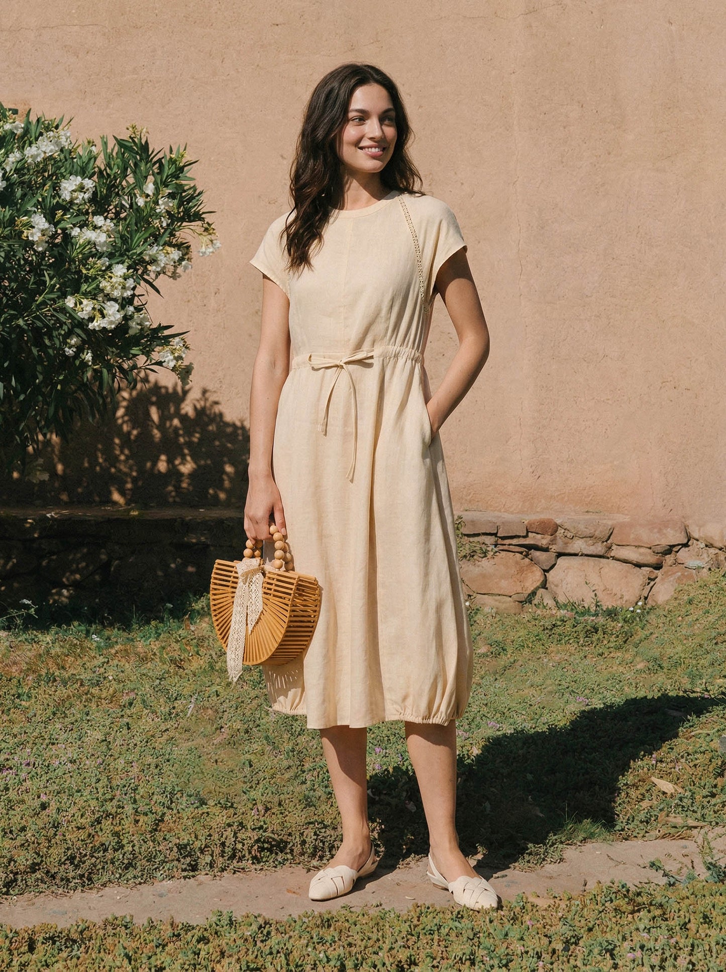 100% Linen Lace-Inset Bubble-Hem Midi Dress LORITA