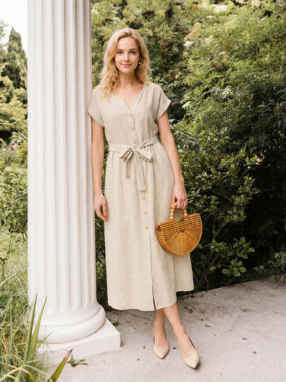 100% Linen Plaid Detachable Tie-Belt Button-Front Maxi Dress LARISSA