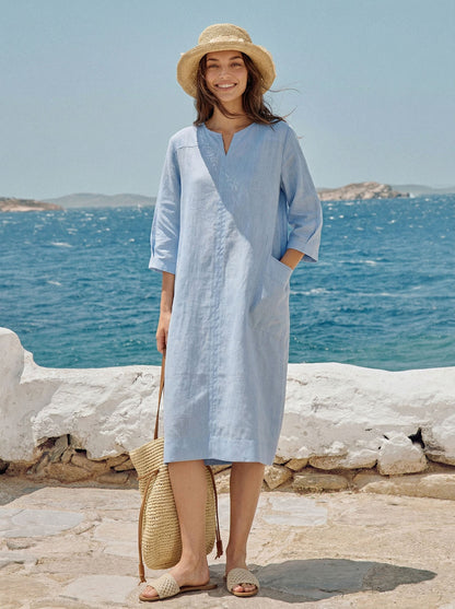 100% Linen Split-Neck Patch-Pocket Mini Dress KALINA