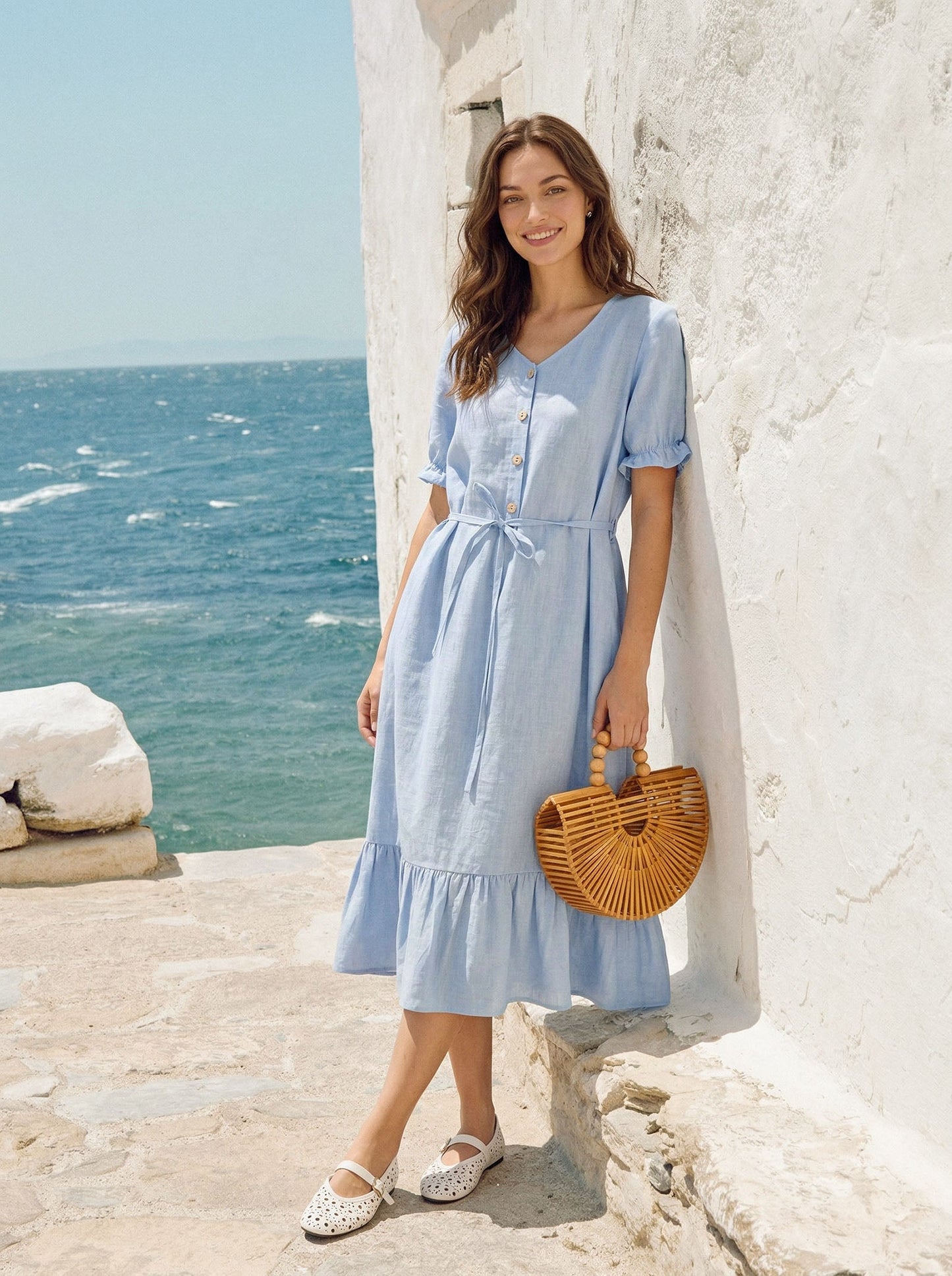 100% Linen Ruffle-Trim Belted Midi Dress LIVARA