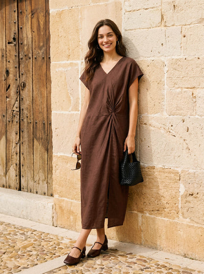 100% Linen Twist-Waist Slit Maxi Dress LYNETTE