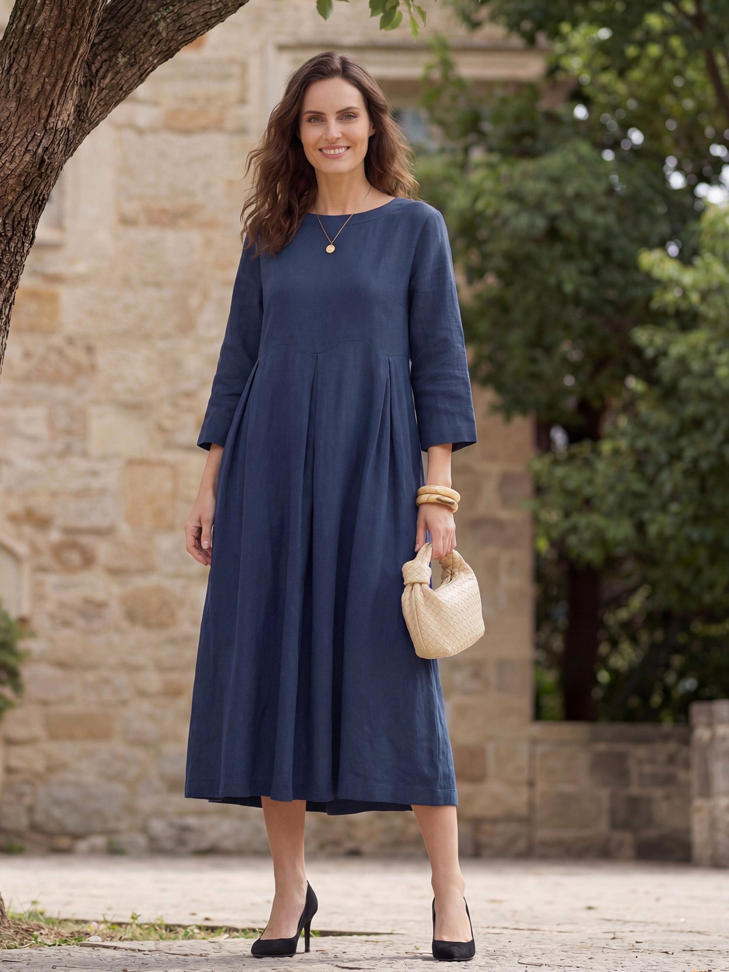 100% Linen Bateau Neck Pleated Midi Dress