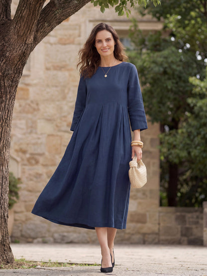 100% Linen Bateau Neck Pleated Midi Dress