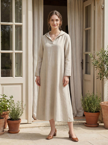 100% Linen Hooded Pullover Midi Dress REBECCA