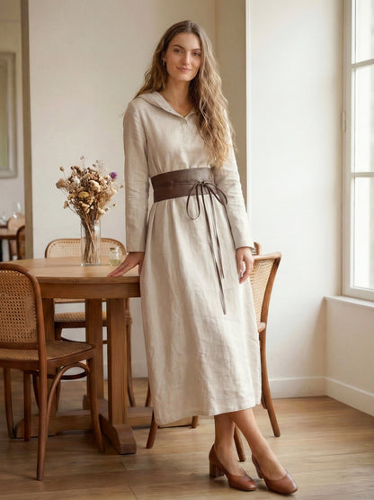 100% Linen Hooded Pullover Midi Dress REBECCA