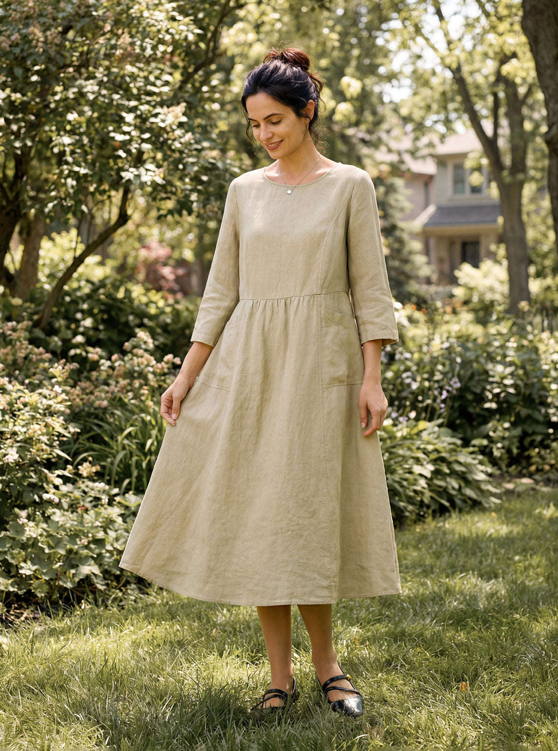 100% Linen Shirred Waistline Patch Pocket Midi Dress MARCELLA
