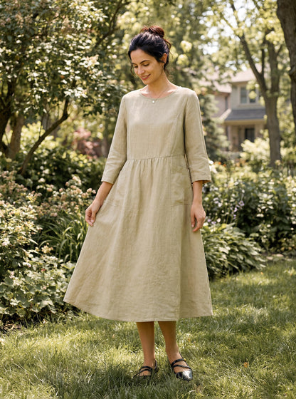 100% Linen Shirred Waistline Patch Pocket Midi Dress MARCELLA