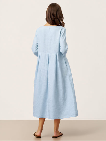 100% Linen Crescent Neck Decorative Button Waist Pleated Midi Dress GWENYTH