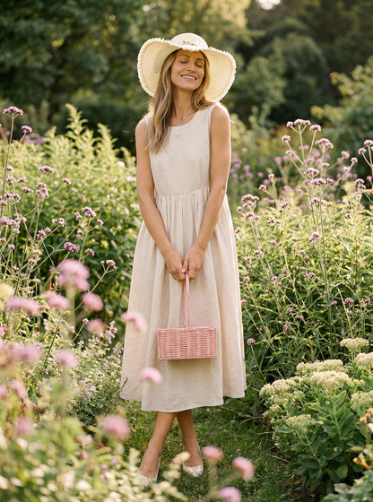 100% Linen Sleeveless Crew Neck Waist Pleated Midi Dress SELENE