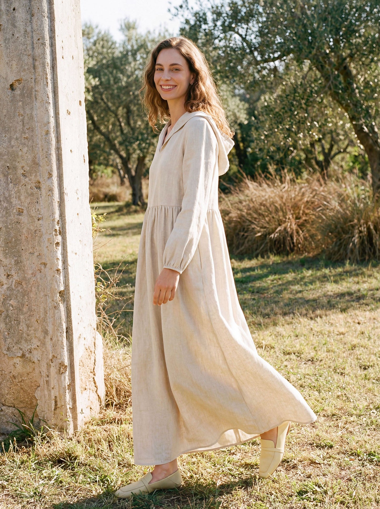 100% Linen Sculpted-Hood Caftan Midi Dress LINETTE