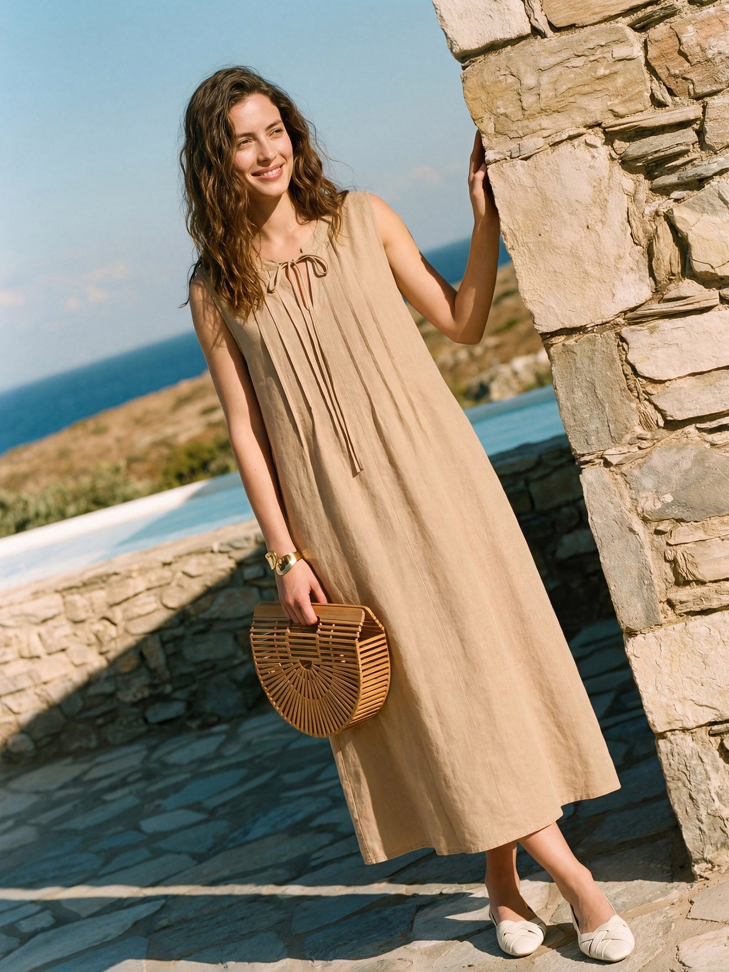 100% Linen Sleeveless Tie-Neck Pintucked Midi Dress MILLICENT